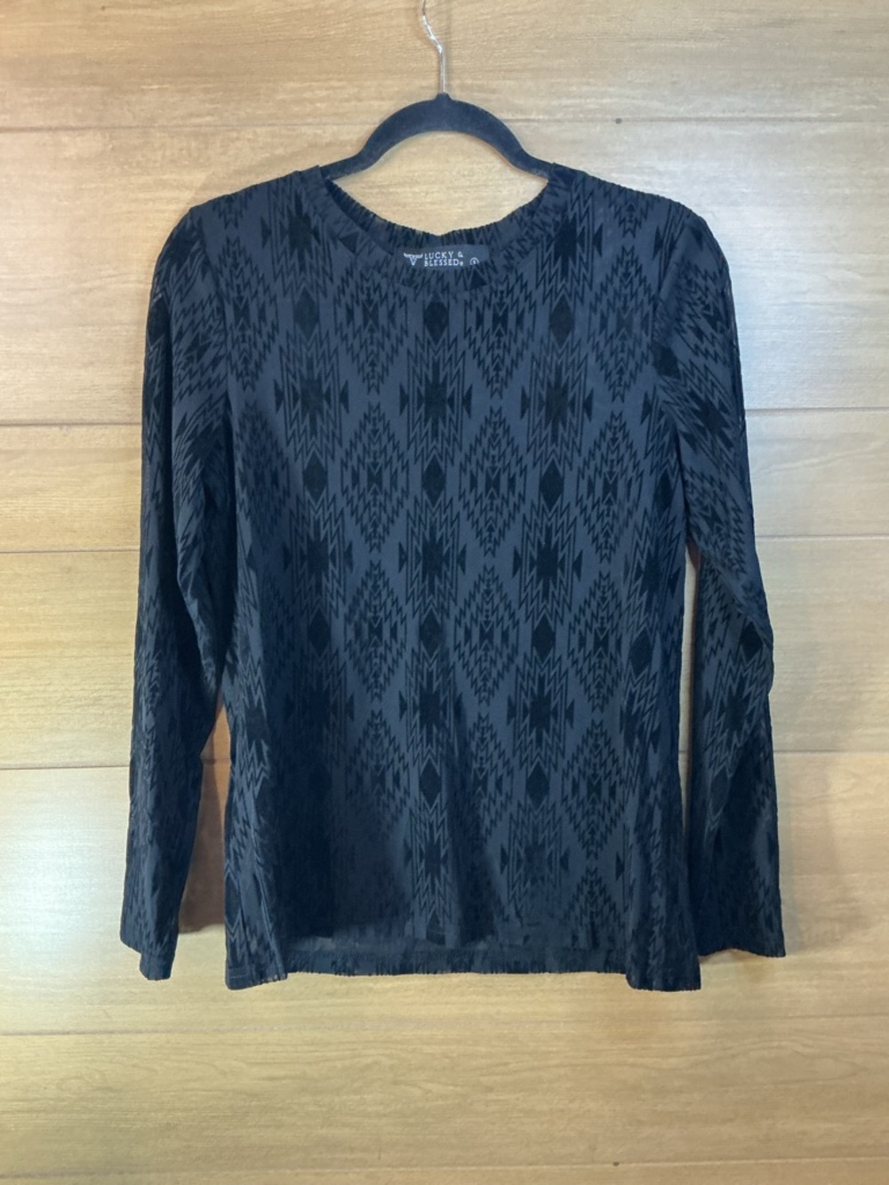 Lucky & Blessed Black Sheer Mesh Long Sleeve Top Aztec Western Print Size S